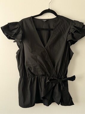 Express Black Wrap Top Ruffle Sleeve Peplum Blouse L